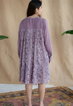 Aanvi Lavender Batik MulMul Cotton Loose Dress with Slip