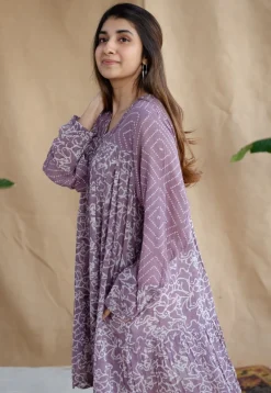 Aanvi Lavender Batik MulMul Cotton Loose Dress with Slip