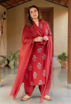 Aarohi Madder Ajrakh Chanderi Silk Straight Kurta with Hand Embroidery