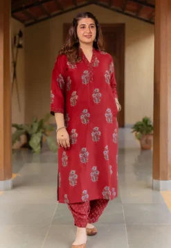 Aarohi Madder Ajrakh Chanderi Silk Straight Kurta with Hand Embroidery