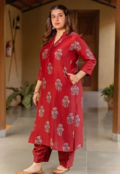 Aarohi Madder Ajrakh Chanderi Silk Straight Kurta with Hand Embroidery