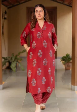 Aarohi Madder Ajrakh Chanderi Silk Straight Kurta with Hand Embroidery