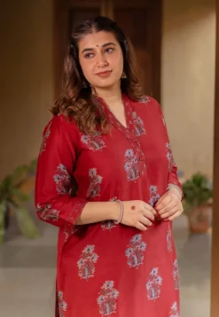 Aarohi Madder Ajrakh Chanderi Silk Straight Kurta with Hand Embroidery