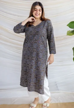Aarushi Dark Brown Ajrakh Cotton Straight Kurta