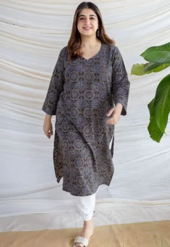 Aarushi Dark Brown Ajrakh Cotton Straight Kurta