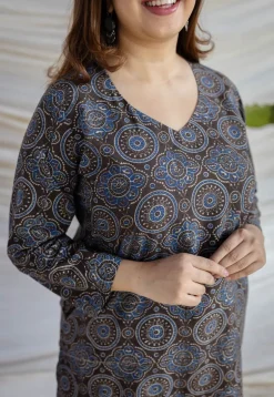 Aarushi Dark Brown Ajrakh Cotton Straight Kurta