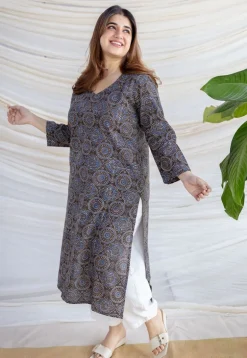 Aarushi Dark Brown Ajrakh Cotton Straight Kurta