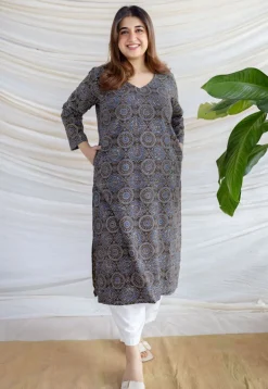 Aarushi Dark Brown Ajrakh Cotton Straight Kurta