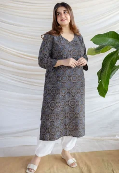 Aarushi Dark Brown Ajrakh Cotton Straight Kurta