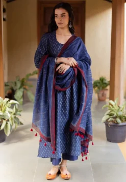 Adara Dark Indigo Ajrakh Chanderi Silk Kali Kurta with Hand Embroidery