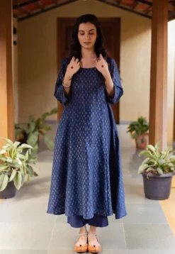 Adara Dark Indigo Ajrakh Chanderi Silk Kali Kurta with Hand Embroidery
