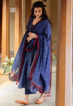 Adara Dark Indigo Ajrakh Chanderi Silk Kali Kurta with Hand Embroidery