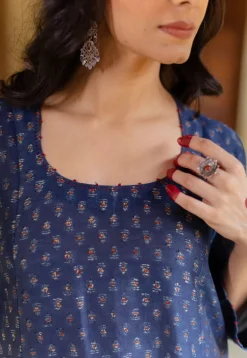 Adara Dark Indigo Ajrakh Chanderi Silk Kali Kurta with Hand Embroidery