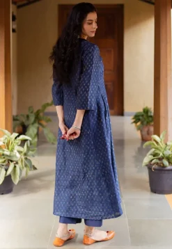 Adara Dark Indigo Ajrakh Chanderi Silk Kali Kurta with Hand Embroidery