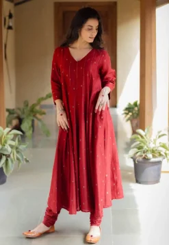 Advika Madder Ajrakh Chanderi Silk Kali Kurta with Hand Embroidery