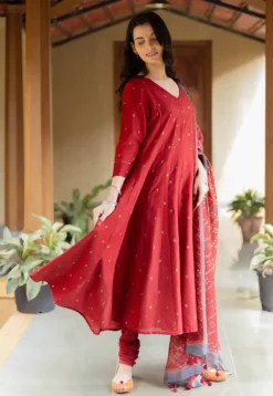 Advika Madder Ajrakh Chanderi Silk Kali Kurta with Hand Embroidery