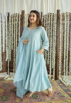 Advika Mulmul Cotton Powder Blue Kali Kurta Set (Set of 3)