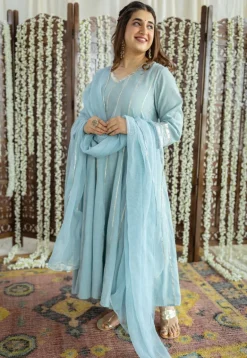 Advika Mulmul Cotton Powder Blue Kali Kurta Set (Set of 3)