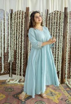 Advika Mulmul Cotton Powder Blue Kali Kurta Set (Set of 3)