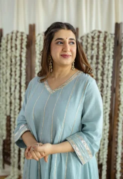 Advika Mulmul Cotton Powder Blue Kali Kurta Set (Set of 3)