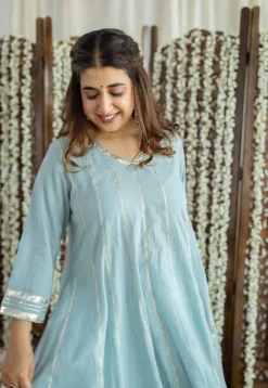 Advika Mulmul Cotton Powder Blue Kali Kurta Set (Set of 3)