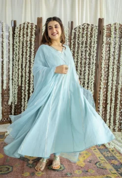 Advika Mulmul Cotton Powder Blue Kali Kurta Set (Set of 3)