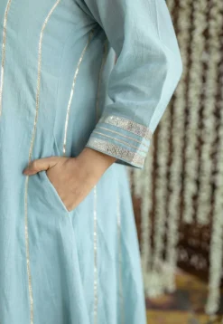 Advika Mulmul Cotton Powder Blue Kali Kurta Set (Set of 3)
