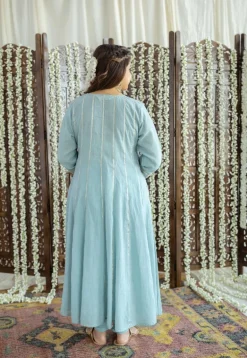 Advika Mulmul Cotton Powder Blue Kali Kurta Set (Set of 3)