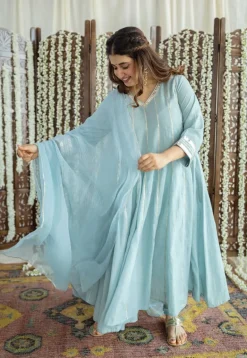 Advika Mulmul Cotton Powder Blue Kali Kurta Set (Set of 3)