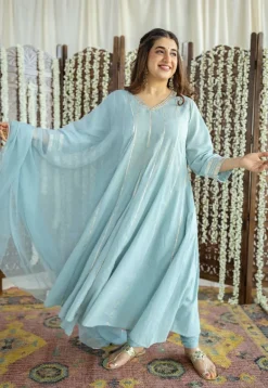 Advika Mulmul Cotton Powder Blue Kali Kurta Set (Set of 3)
