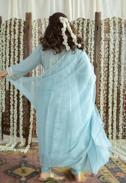 Advika Mulmul Cotton Powder Blue Kali Kurta Set (Set of 3)