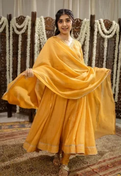Advika Mustard Kali Chanderi Silk Gota Patti Kurta Set (Set of 3)