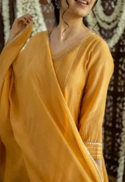 Advika Mustard Kali Chanderi Silk Gota Patti Kurta Set (Set of 3)