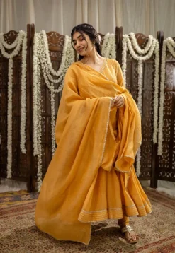 Advika Mustard Kali Chanderi Silk Gota Patti Kurta Set (Set of 3)