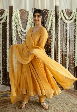 Advika Mustard Kali Chanderi Silk Gota Patti Kurta Set (Set of 3)