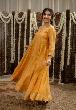 Advika Mustard Kali Chanderi Silk Gota Patti Kurta Set (Set of 3)