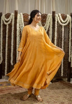 Advika Mustard Kali Chanderi Silk Gota Patti Kurta Set (Set of 3)