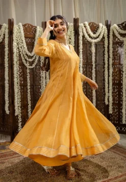 Advika Mustard Kali Chanderi Silk Gota Patti Kurta Set (Set of 3)