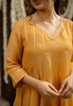 Advika Mustard Kali Chanderi Silk Gota Patti Kurta Set (Set of 3)
