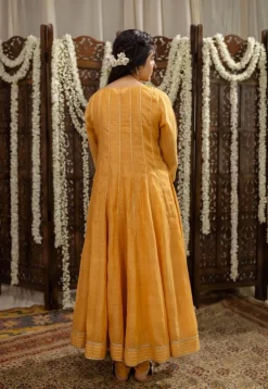 Advika Mustard Kali Chanderi Silk Gota Patti Kurta Set (Set of 3)