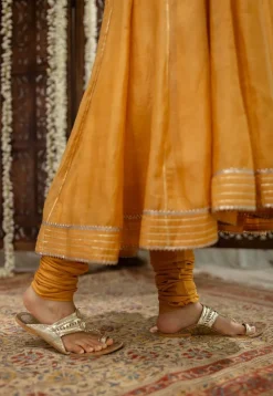 Advika Mustard Kali Chanderi Silk Gota Patti Kurta Set (Set of 3)