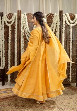 Advika Mustard Kali Chanderi Silk Gota Patti Kurta Set (Set of 3)