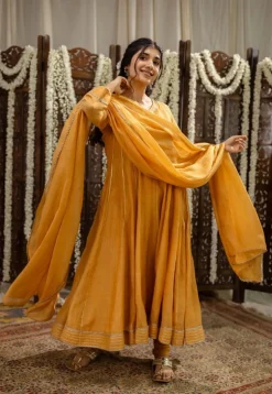 Advika Mustard Kali Chanderi Silk Gota Patti Kurta Set (Set of 3)