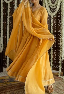 Advika Mustard Kali Chanderi Silk Gota Patti Kurta Set (Set of 3)