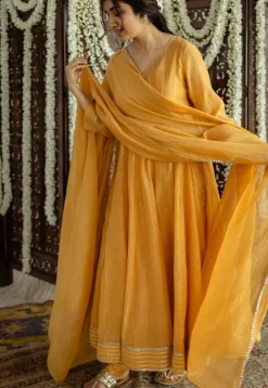 Advika Mustard Kali Chanderi Silk Gota Patti Kurta Set (Set of 3)