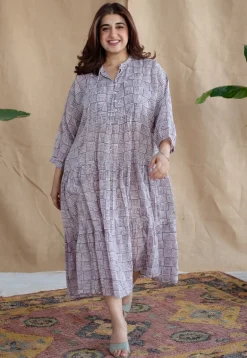 Adya Lavender Batik MulMul Cotton A Line Dress with Slip