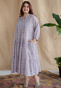 Adya Lavender Batik MulMul Cotton A Line Dress with Slip