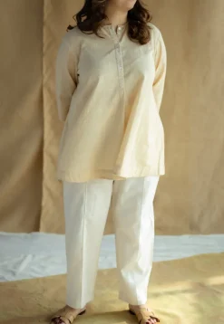 Afifa Cream Solid Slub Cotton A Line Short Top