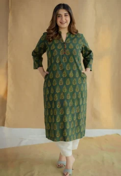 Afira Green Ajrakh Cotton Straight Kurta