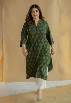 Afira Green Ajrakh Cotton Straight Kurta